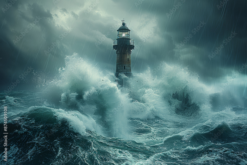 Wall mural a timeworn lighthouse standing tall against a stormy sea. concept of resilience and navigation. gene