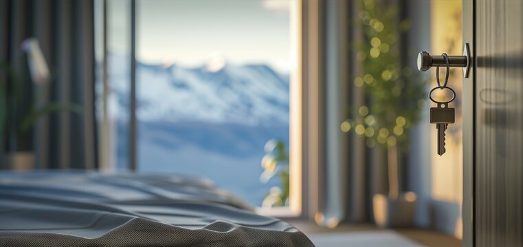 key hanging in a keyhole of light modern blurred bedroom with open window and mountain view --ar 16:9 Job ID: 14d5688d-91b9-43c7-bb6c-e12f7630f5ef