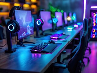 Professional gaming setup with advanced equipment and neon lighting