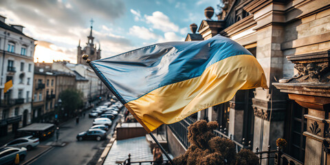 ukrain flag on city background