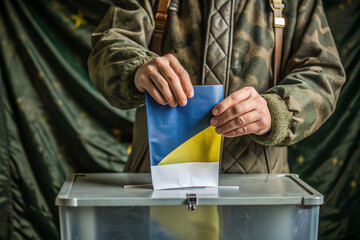 ukrain voter holding ballot paper with flag backdrop, voting in the ballot box, election in ukrain