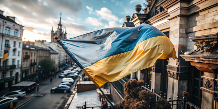 ukrain flag on city background