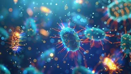 The world of microbiology bursts into view with a cyber twist, highlighting viruses and bacteria with copy space