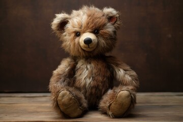 Charming antique-style teddy bear sits on a rustic wooden floor with a warm, nostalgic backdrop