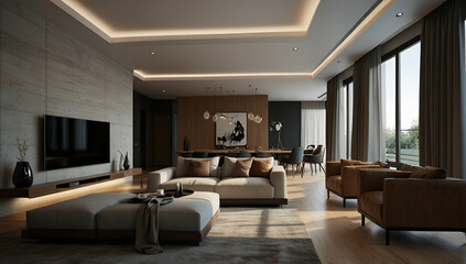 Fototapeta premium Modern interior of open space with design modular sofa, furniture, wooden coffee tables, plaid, pillows, tropical plants and elegant personal accessories in stylish home decor, Generative AI