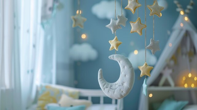 Cozy nursery with moon and star themed decorations, soft lighting