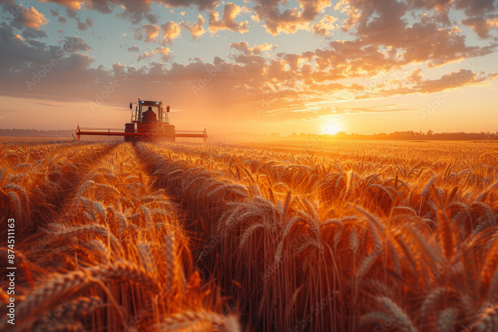 Canvas Prints A farmer harvesting crops in a golden field at sunrise. Concept of agriculture and hard work. Generative Ai.