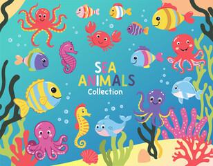 Set of wild marine animals. Inhabitants of the sea, cute crab, octopus, seahorse. Flat cartoon underwater scene with sea life