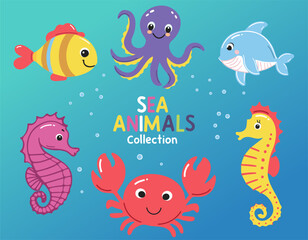 Set of marine animals. Inhabitants of the sea, cute crab, octopus, seahorse. Flat cartoon underwater sea life