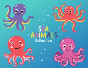 Octopus set. Set of wild marine animals. Cute octopus. Inhabitants of the sea. Flat cartoon underwater scene