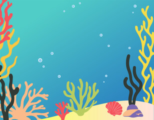 Empty background underwater world. Sand, algae, corals. Flat cartoon scene with sea life