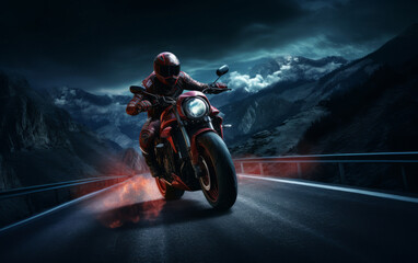 Obraz premium A man rides a motorcycle down a dark highway at night.