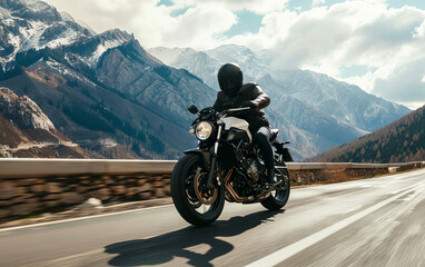 A motorcyclist enjoys a thrilling ride down a scenic mountain road.