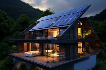 Obraz premium Contemporary house with solar panels on roof, illuminated at twilight, nestled in forested hills