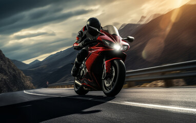 Obraz premium A motorcyclist enjoys a thrilling ride down a scenic mountain road.