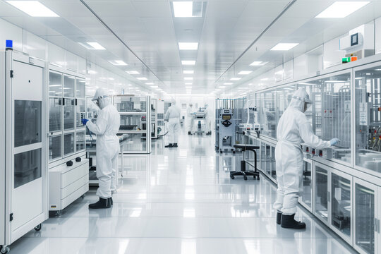 Technicians in protective Gear working in cleanroom laboratory