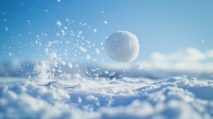Snowball mid-air against blue sky with snow flying around