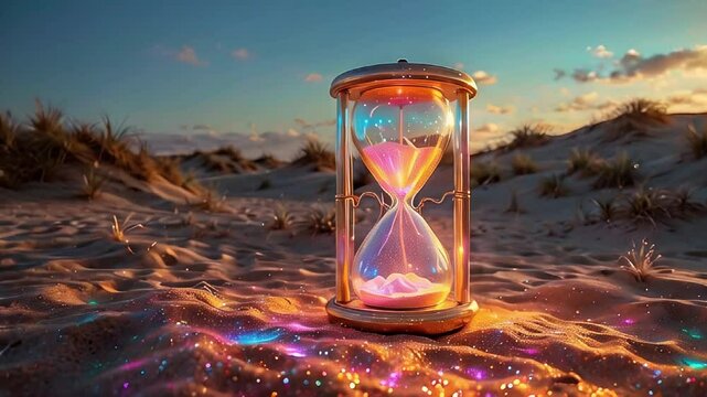 Sand clock hour glass with glowing sand on the left side with an elegant wooden frame