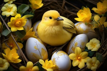 Vibrant yellow canary sits amidst easter eggs and flowers in a themed arrangement