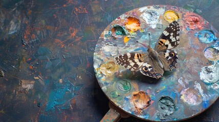 Butterfly on well-used artist's paint palette