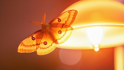 Moth with vibrant orange wings illuminated by lamp