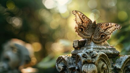Fototapeta premium Butterfly resting on ornate stone ornament in sunlight
