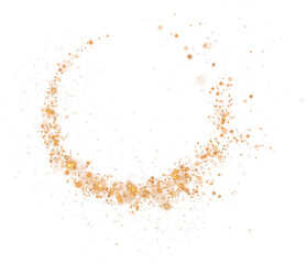 Gold glitter particle swirl circle effect. Sparkling light twirl of glowing glittering particles whirl texture. Space stardust round shine or wind wave spin with glow tail. PNG.