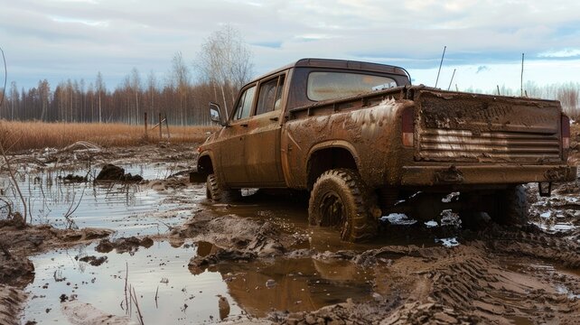 Old rusty truck stuck in muddy field, abandoned