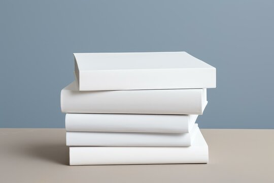 Neat stack of five white, unmarked books on a table with a pale grey background