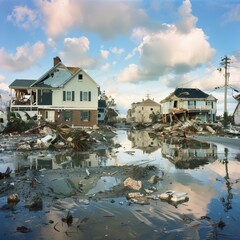 Severe hurricane damage with flooded streets and destroyed houses