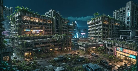 Fototapeta premium abandoned town buildings at night in autumn. aerial view of derelict city overgrowth. cars, debris, concrete rubble and vines.