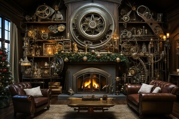 Fototapeta premium Cozy steampunk-themed room with lit fireplace adorned with christmas decorations