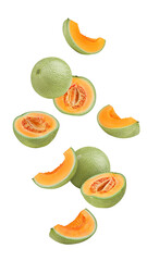 Falling cantaloupe melon isolated on white background, full depth of field