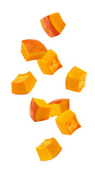 Falling piece of pumpkin, cubes, isolated on white background, full depth of field