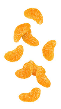 Falling Mandarin lobule isolated on white background, full depth of field