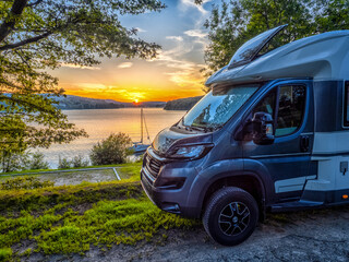 Sunset over Lac de Vassivière - Motor Home at Sunset by the Lake