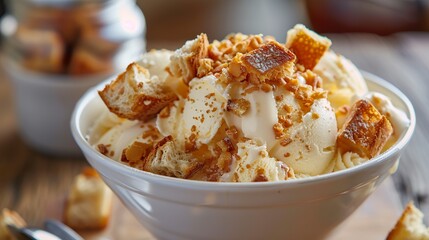 A creamy ice cream served with pieces of bread in an intriguing and delicious combination. Vanilla ice cream with pieces of soft bread in an explosion of flavors.