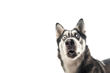 Extreme close up of funny shocked surprised husky dog with opened wide eyes on white background.