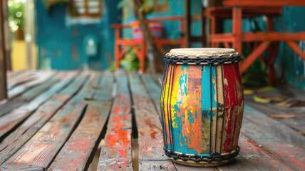 Colorful drum on rustic wooden floor outdoors near painted furniture