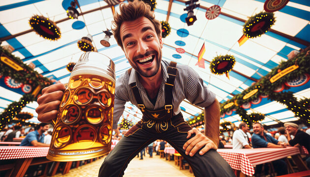 Ein Mann in Lederhosen h&auml;lt einen gro&szlig;en Bierkrug und lacht fr&ouml;hlich auf dem Oktoberfest