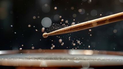Drumstick striking drum surface, creating motion blur with water splashes