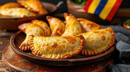 Golden, baked turnovers filled with savory ingredients on wooden plate