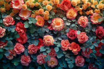 Fototapeta premium Background made out of a fantasy miracle multi colors bed of roses, 