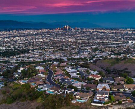 4K Ultra HD Aerial Panoramic Shot of Culver City from Baldwin Vista, Towards Downtown Los Angeles
