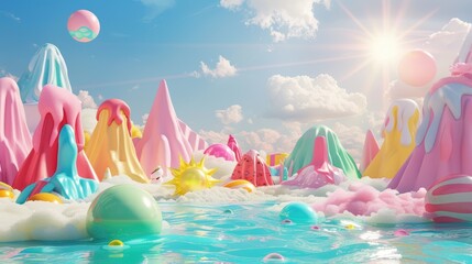 A surreal summer landscape with melting ice cream mountains, floating beach balls, and abstract sun rays.