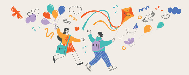 Obraz premium Back to school concept. Joy, fun, childhood Flat illustration