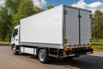 A white truck is driving on the road against the background of a summer landscape