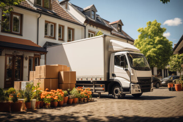 truck and boxes near the house, unloading and moving to another house