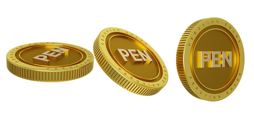 Peruvian soles iso currency code on gold coin isolated on transparent background, 3D rendering of set of abstract golden Peru sol coins concept in different angles.
