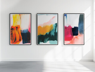 A set of three abstract bright paintings hanging on the white wall. Generative AI